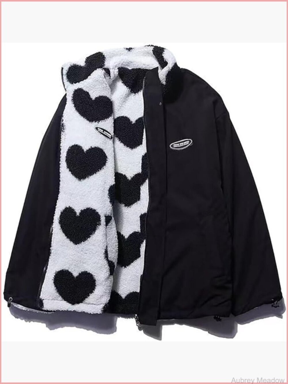 Reversible Fuzzy Sherpa Jacket Zip Up Kawaii Heart Print Cutecore Y2k Coat